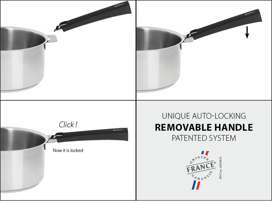 CRISTEL 3-Ply Stainless Steel Saucepan Set (16, 18 and 20cm) with Detachable Black Handle