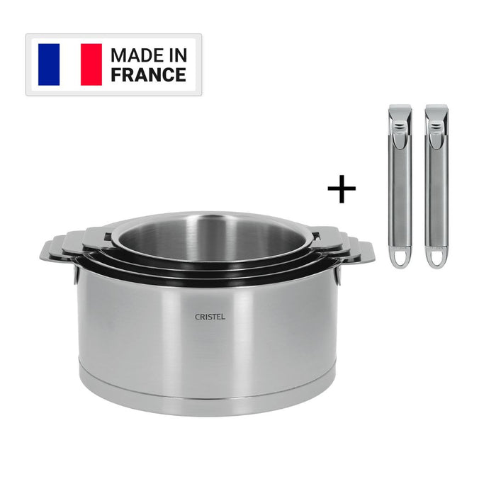 CRISTEL 3-Ply Stainless Steel Saucepan Set (14, 16, 18 and 20cm) with 2 x Detachable Handles