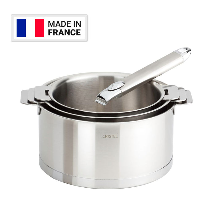 CRISTEL 3-Ply Stainless Steel Saucepan Set (16, 18 and 20cm) with Detachable Handle