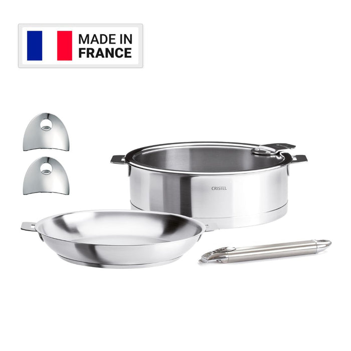 CRISTEL 3-Ply Stainless Steel 26cm Saute Pan and 26cm Frying Pan with Flat Glass Lid, Detachable Long Handle and 2 x Side Handles